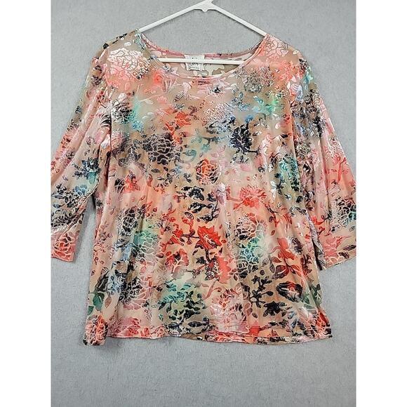 Clint Honolulu Colorful Tropical Floral 3/4 Sleeve Blouse Large Stretch Sheer - Picture 2 of 12